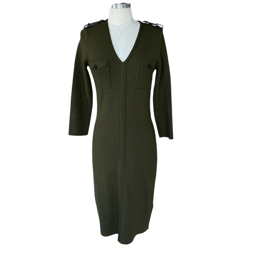 Elegant Olive Green Knit Dress Size Medium Burberry Style Look